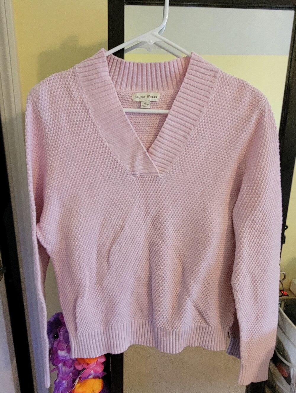 Studio Works Light Pink V-Neck Seed Stitch Sweater